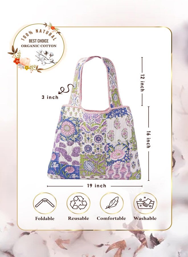 SENORA Quilted Cotton Tote Bag for Women | Hand Block Print Jaipuri Shoulder Handbag | Eco-Friendly Travel & Shopping Bag | Reusable Carryall | Multicolour Floral - Image 5